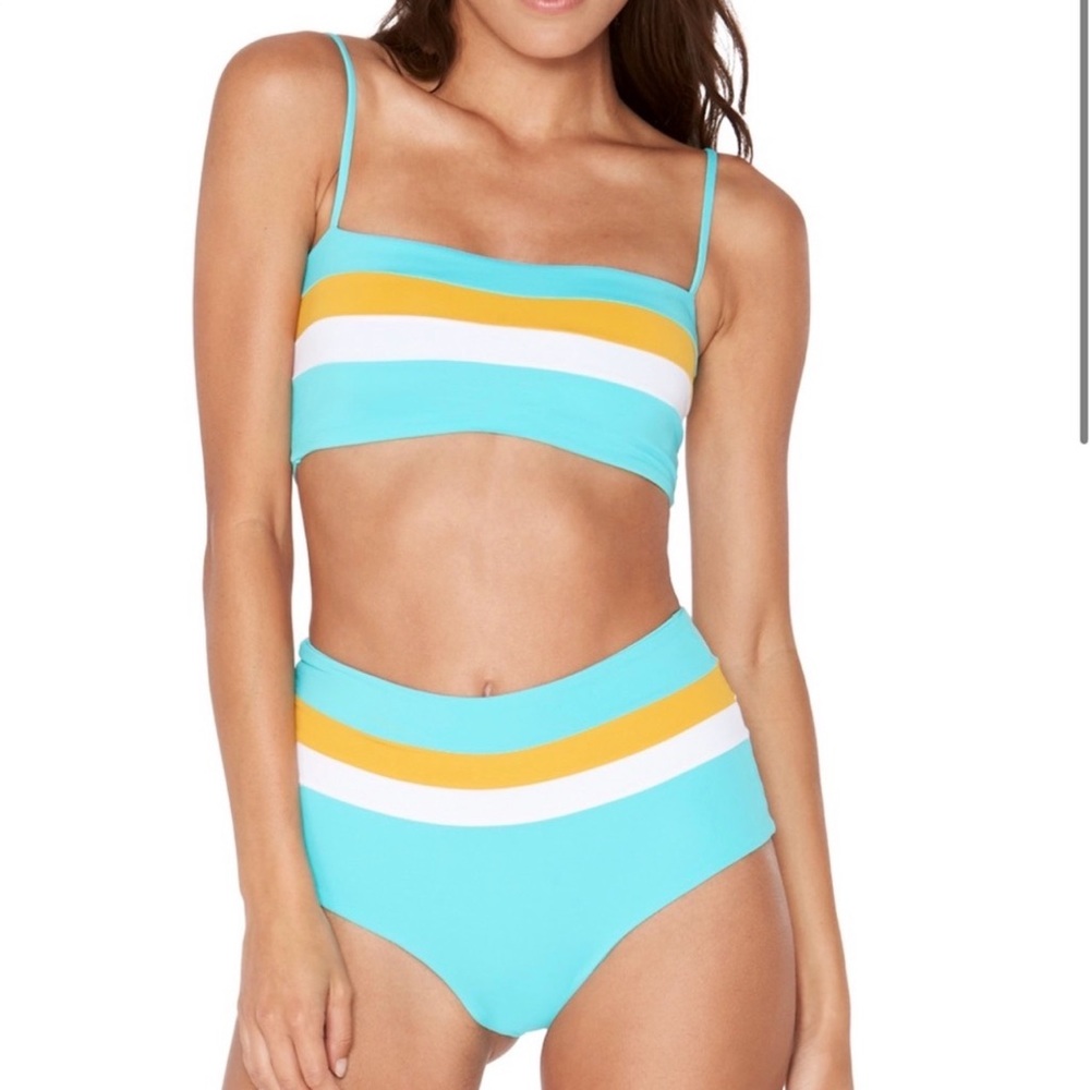 l*space Turquoise Stripe High-Waist Bikini Set with Yellow and White Bands